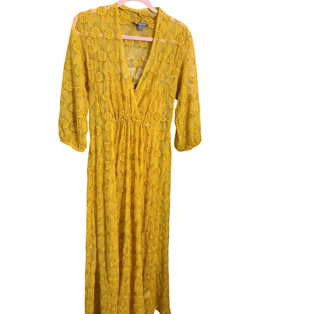 Elestory Yellow Lace Maxi Dress Boho Floral Embroidered Sheer Overlay M